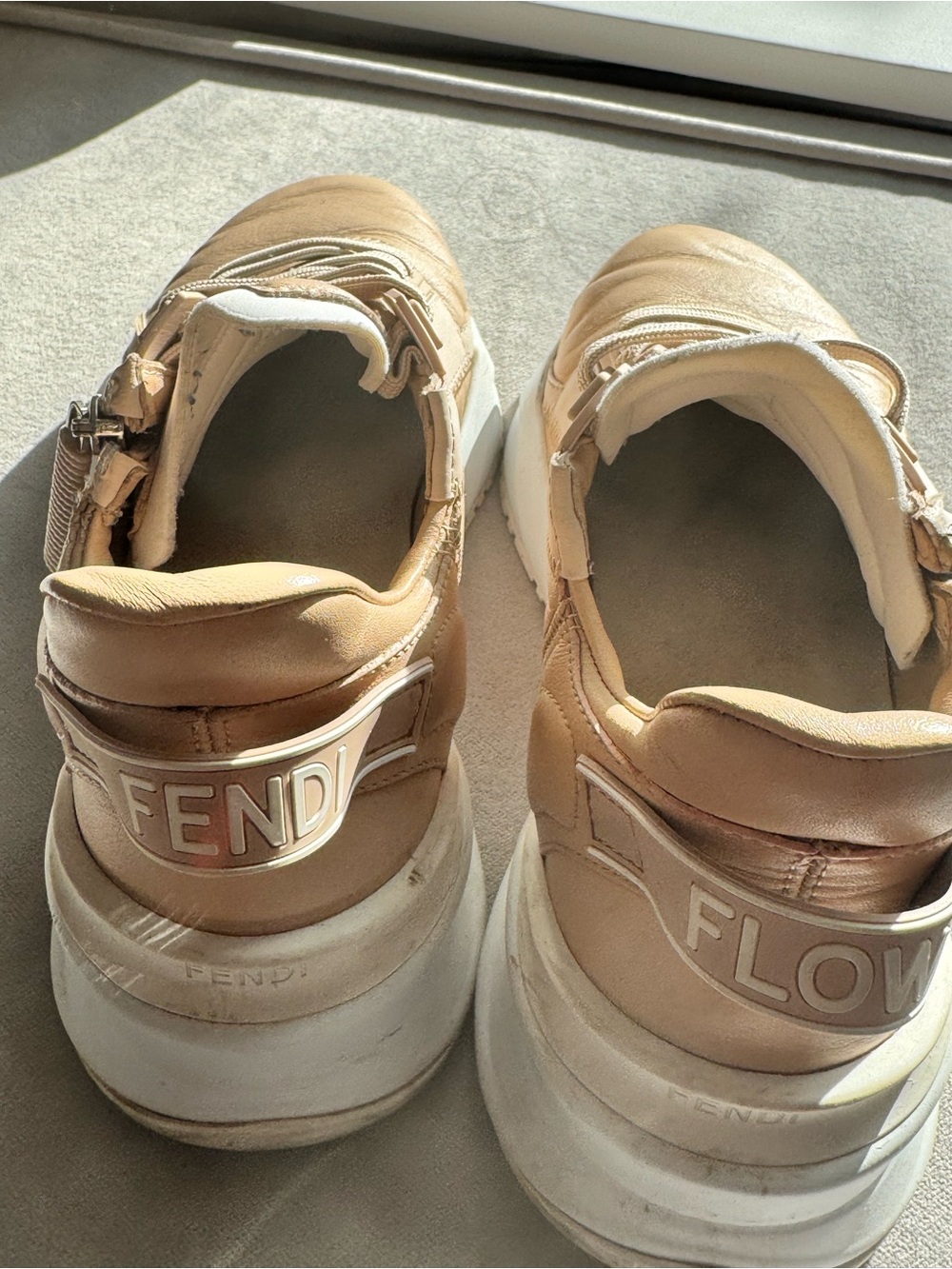 Fendi Beige and White Leather Platform Sneakers
